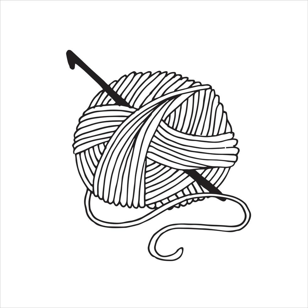 illustration vectorielle dans un style doodle. jolie pelote de laine et un crochet. illustration en noir et blanc, logo, icône. tricot, crochet, loisirs vecteur