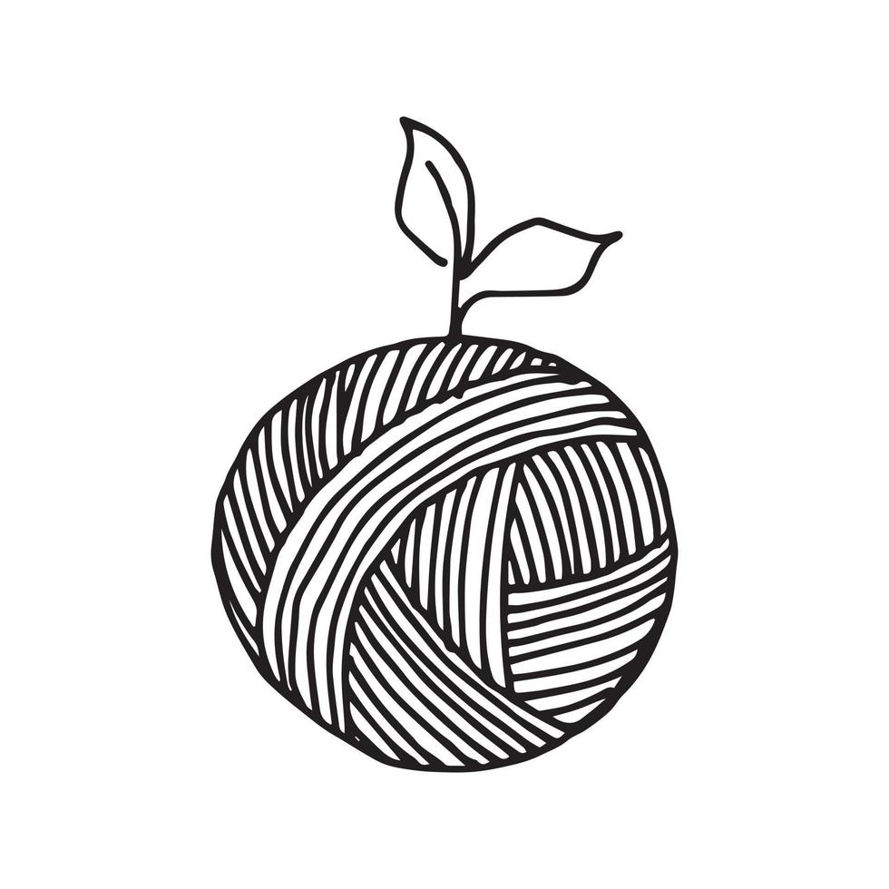 illustration vectorielle dans un style doodle. une pelote de laine à tricoter et des feuilles de plantes. symbole des matériaux durables, du tricot, du crochet, de l'artisanat, des loisirs et de la couture. logo écologique minimaliste vecteur