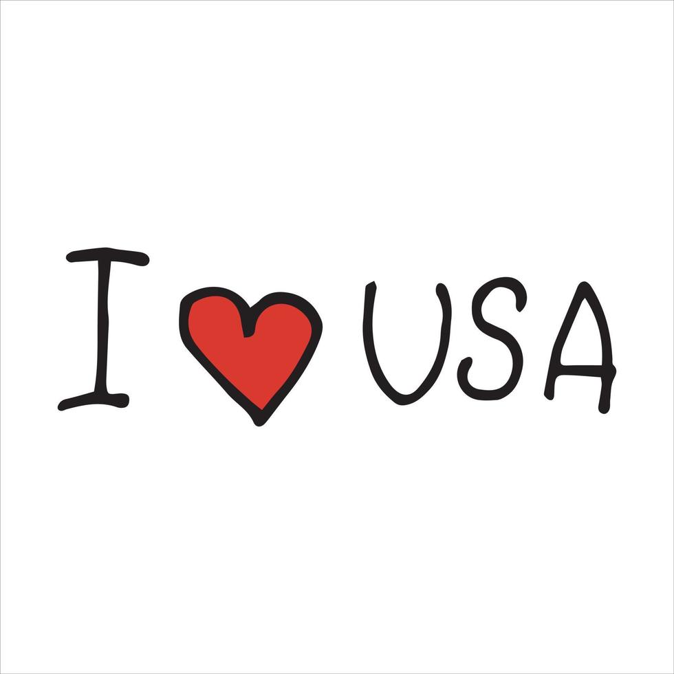 illustration vectorielle dans un style doodle. lettrage j'aime les états-unis. fête de l'indépendance des états-unis. couleurs du drapeau américain vecteur