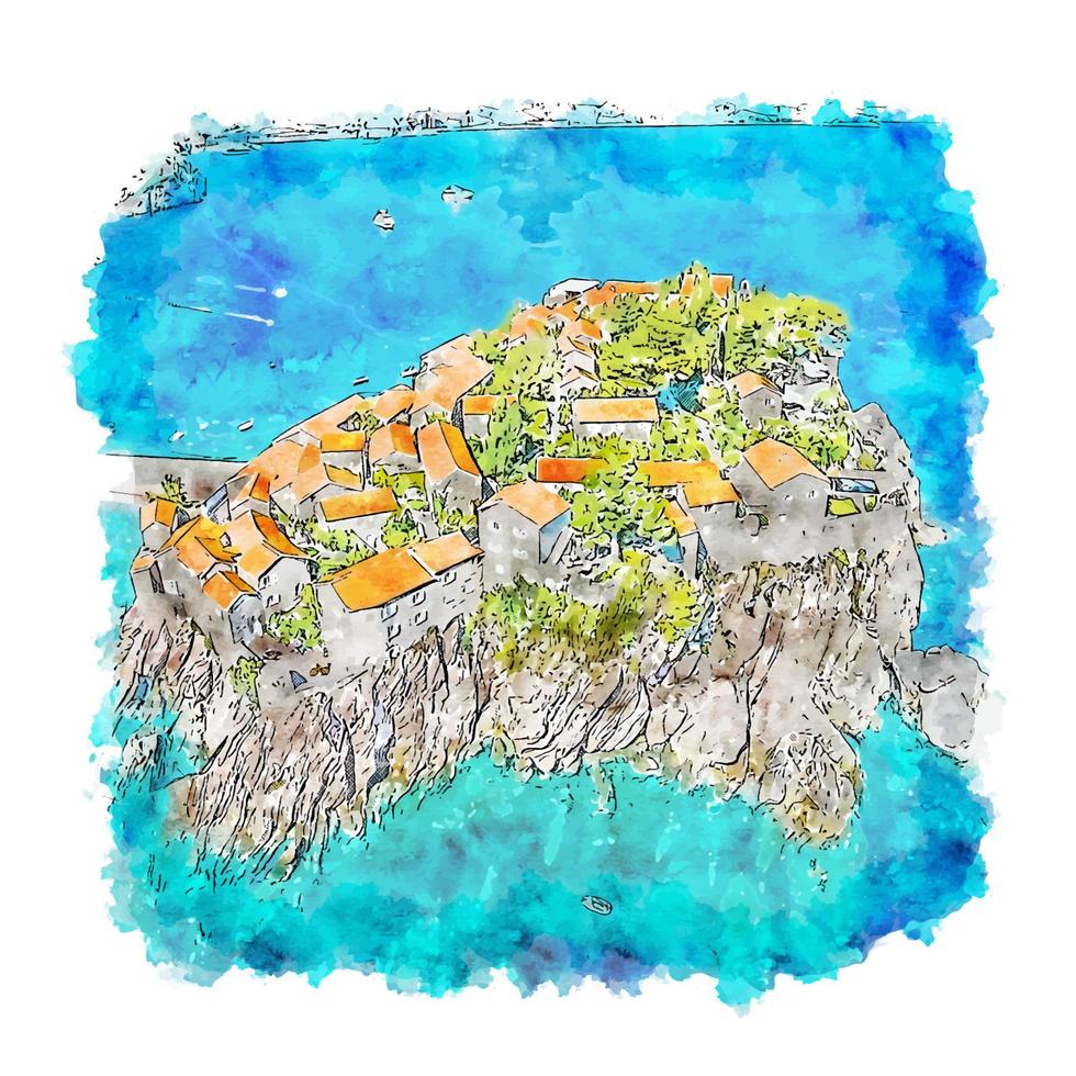 sveti stefan monténégro croquis aquarelle illustration dessinée à la main vecteur