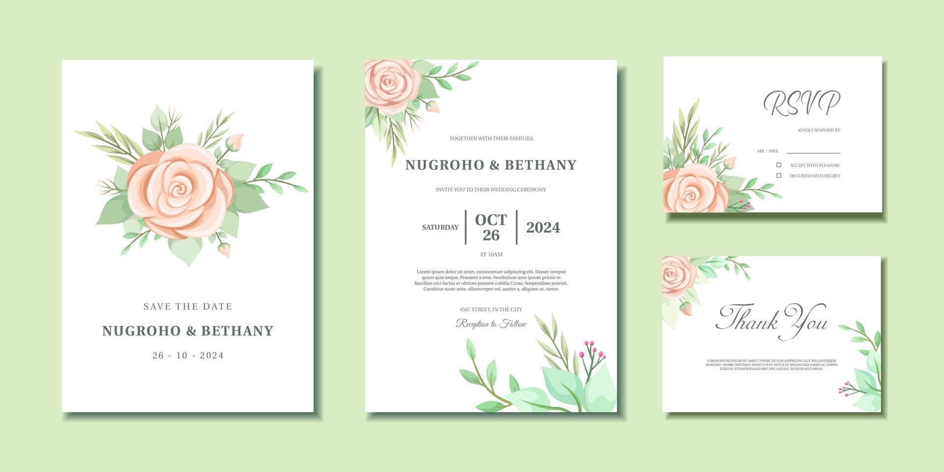 invitation de mariage avec un beau bouquet de roses roses et des feuilles. invitation de mariage, carte de remerciement et rsvp avec bouquet de fleurs de rose vecteur