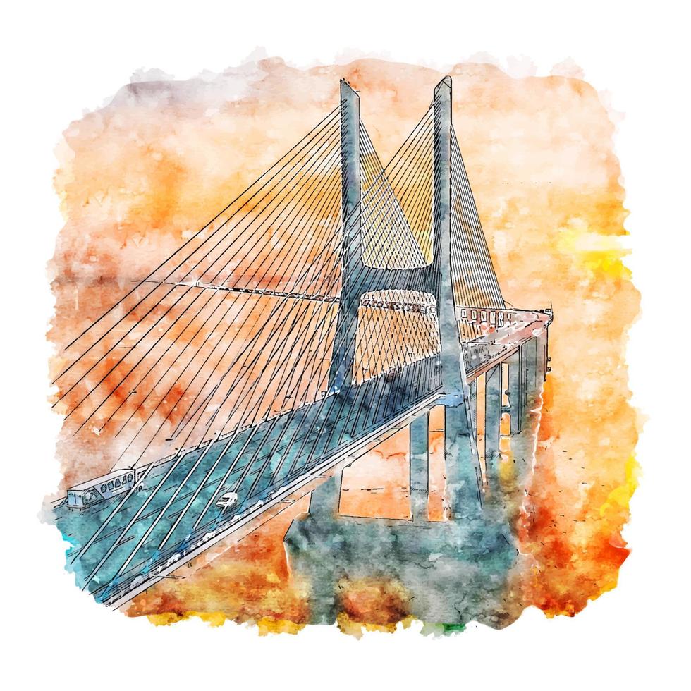 pont lisbonne portugal croquis aquarelle illustration dessinée à la main vecteur