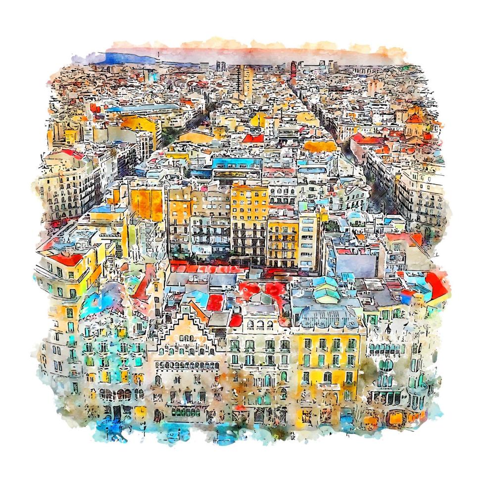 barcelone espagne croquis aquarelle illustration dessinée à la main vecteur