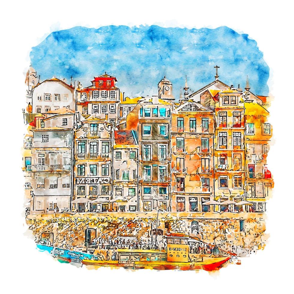 ribeira porto portugal croquis aquarelle illustration dessinée à la main vecteur