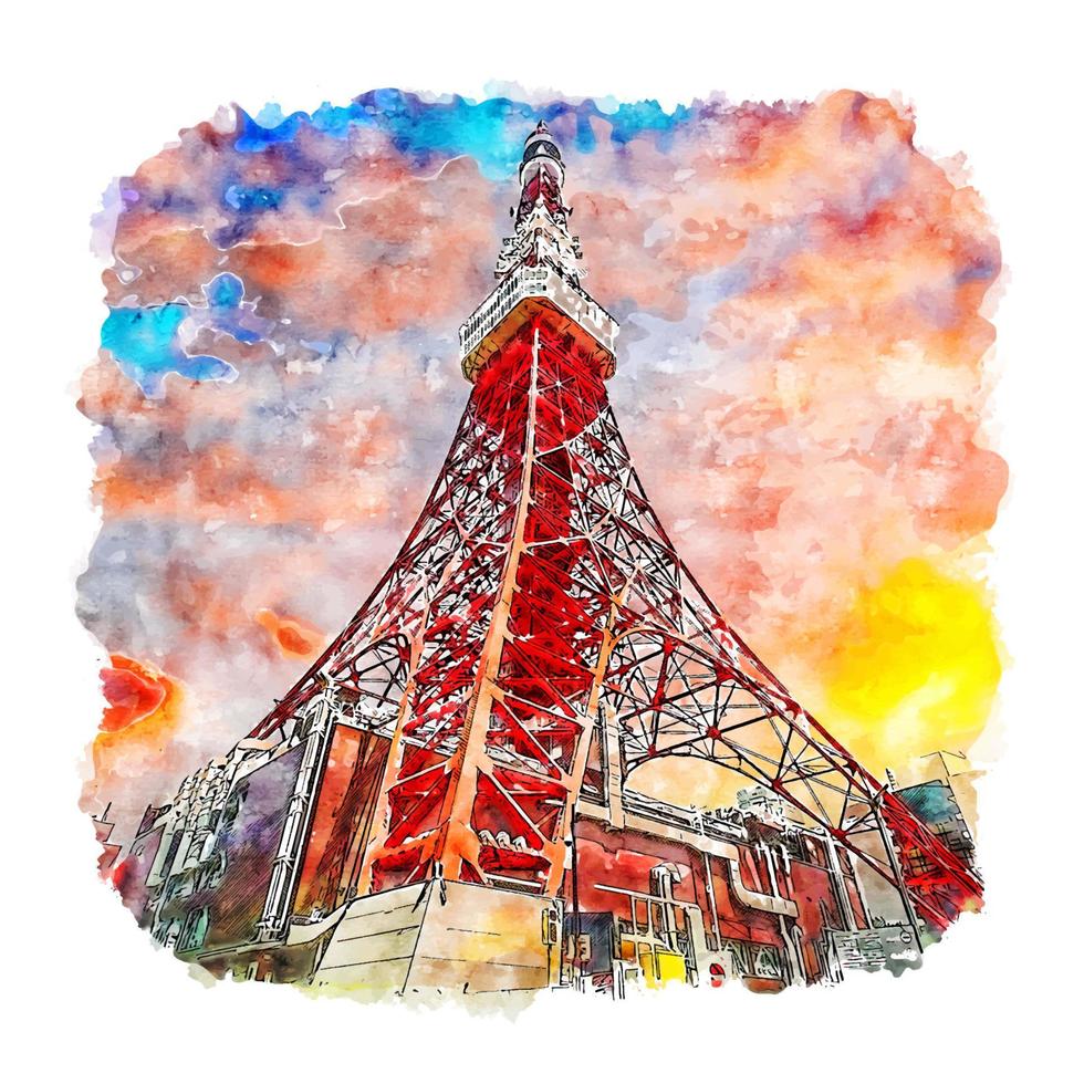 tour de tokyo japon croquis aquarelle illustration dessinée à la main vecteur