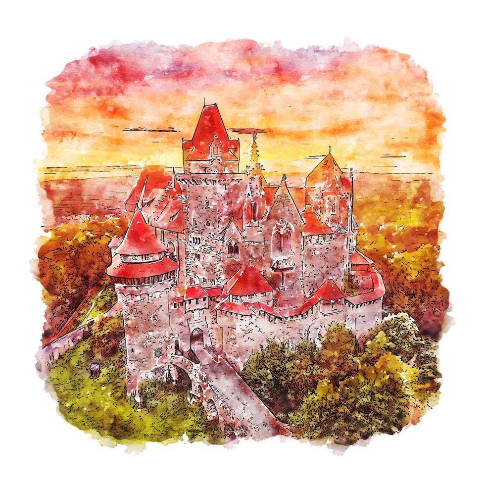 burg kreuzenstein autriche croquis aquarelle illustration dessinée à la main vecteur