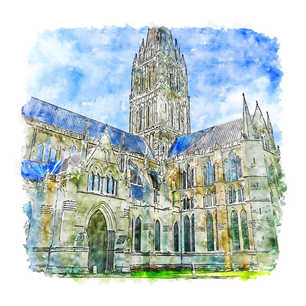 cathédrale de salisbury croquis aquarelle illustration dessinée à la main vecteur