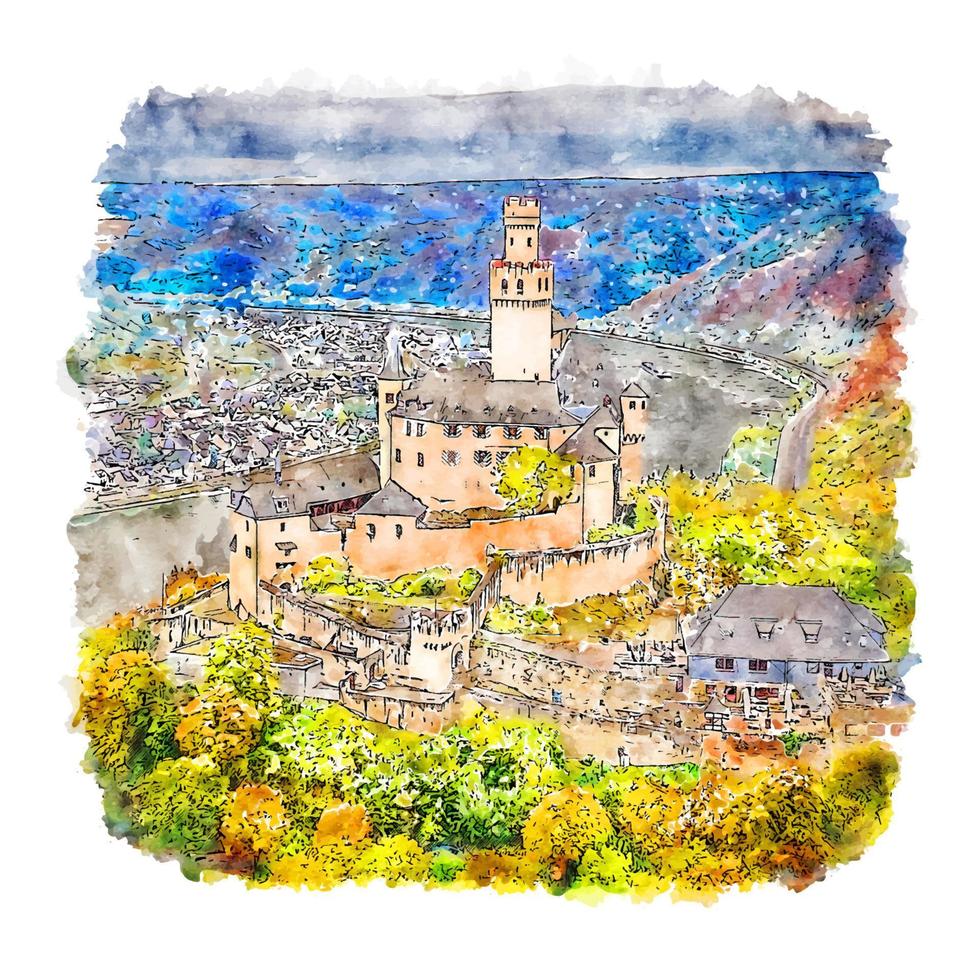 château de marksburg allemagne croquis aquarelle illustration dessinée à la main vecteur