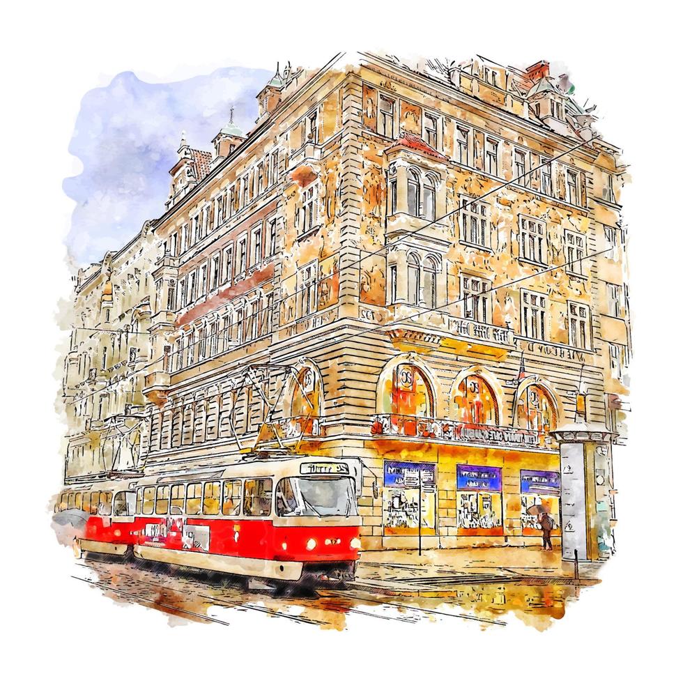 prague république tchèque croquis aquarelle illustration dessinée à la main vecteur