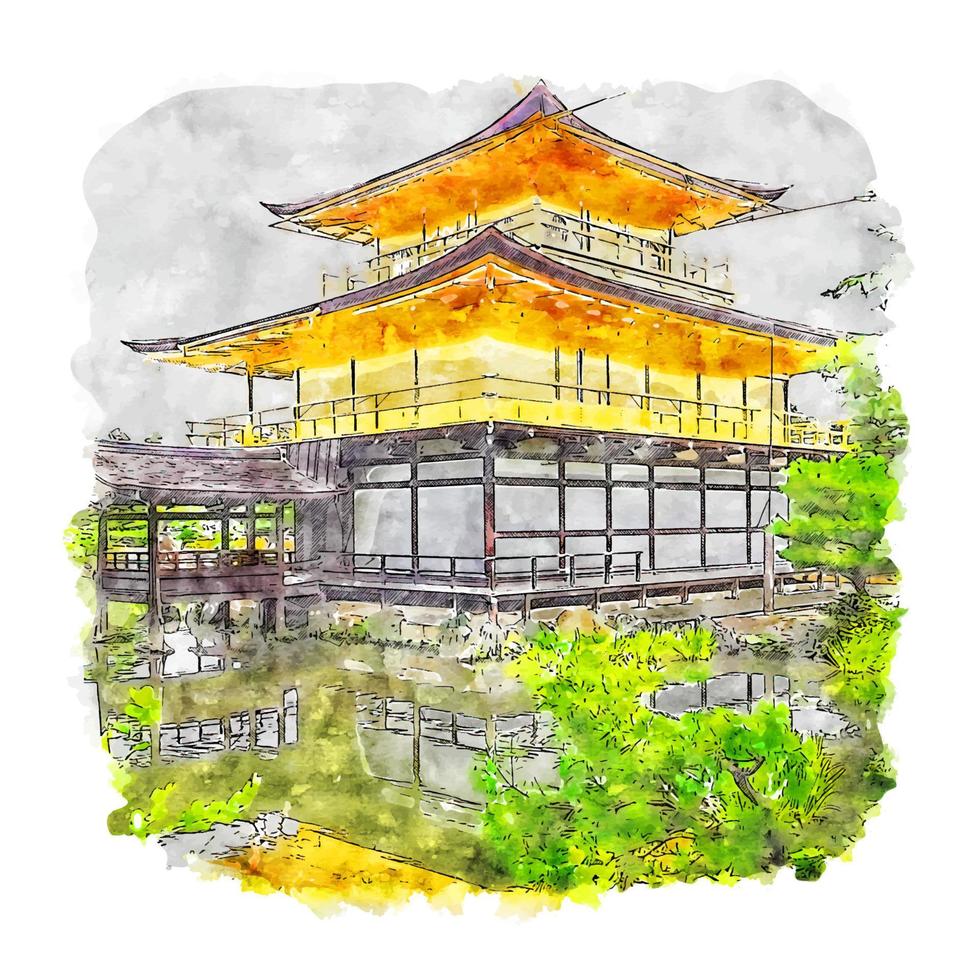 temple kinkakuji japon croquis aquarelle illustration dessinée à la main vecteur