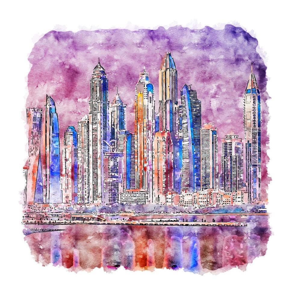 dubai émirats arabes unis croquis aquarelle illustration dessinée à la main vecteur