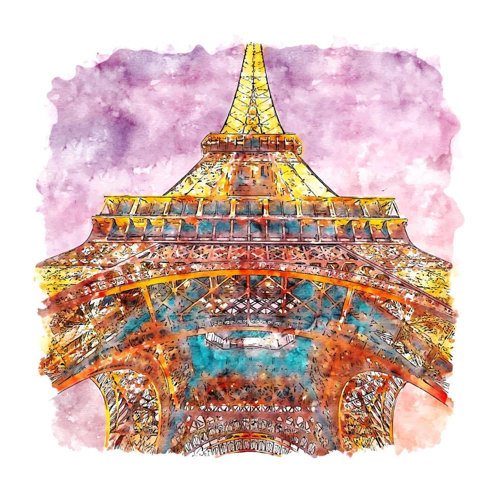 nuit tour eiffel paris france croquis aquarelle illustration dessinée à la main vecteur