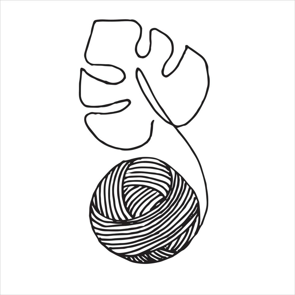 illustration vectorielle dans le style doodle, boule de fil à tricoter et feuille de monstère. logo minimaliste du tricot moderne, du crochet, de la couture. écologie et matériaux recyclés. vecteur