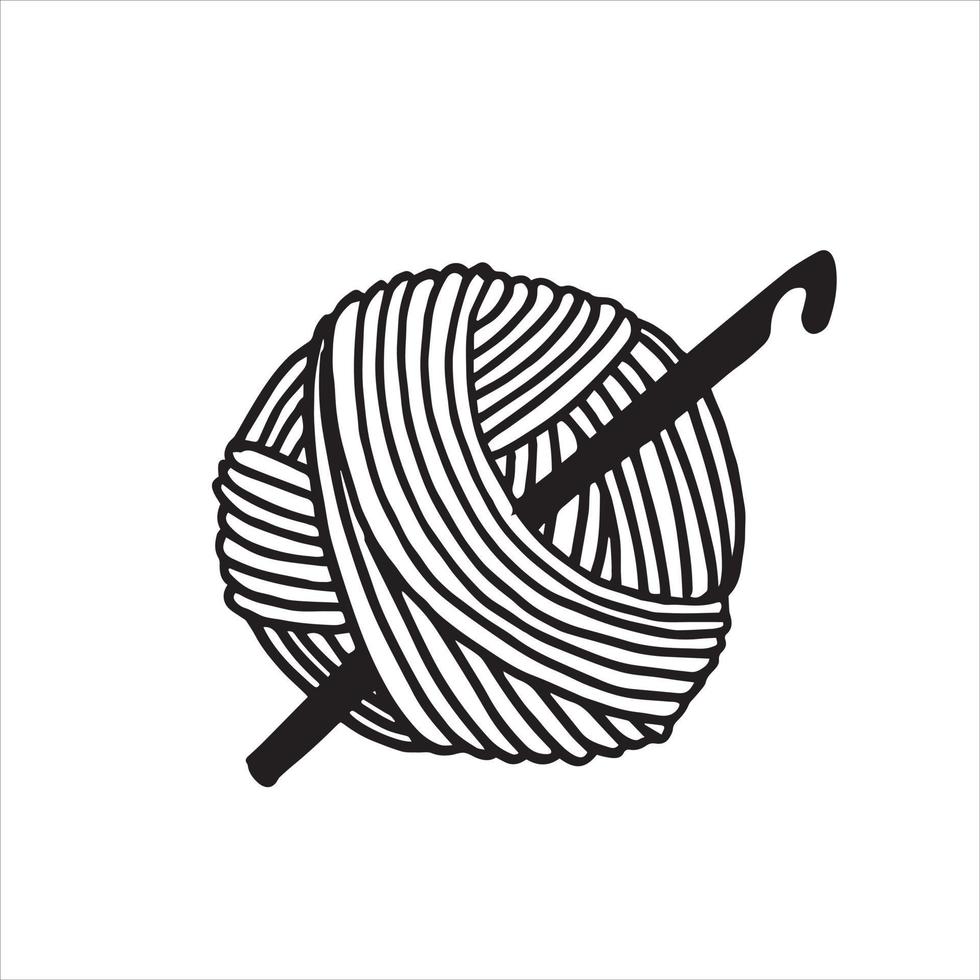 illustration vectorielle dans un style doodle. une pelote de laine et un crochet. symbole du tricot, du crochet, de la main, du passe-temps et de la couture. logo minimaliste vecteur