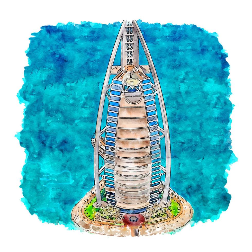 burj al arab dubai croquis aquarelle illustration dessinée à la main vecteur