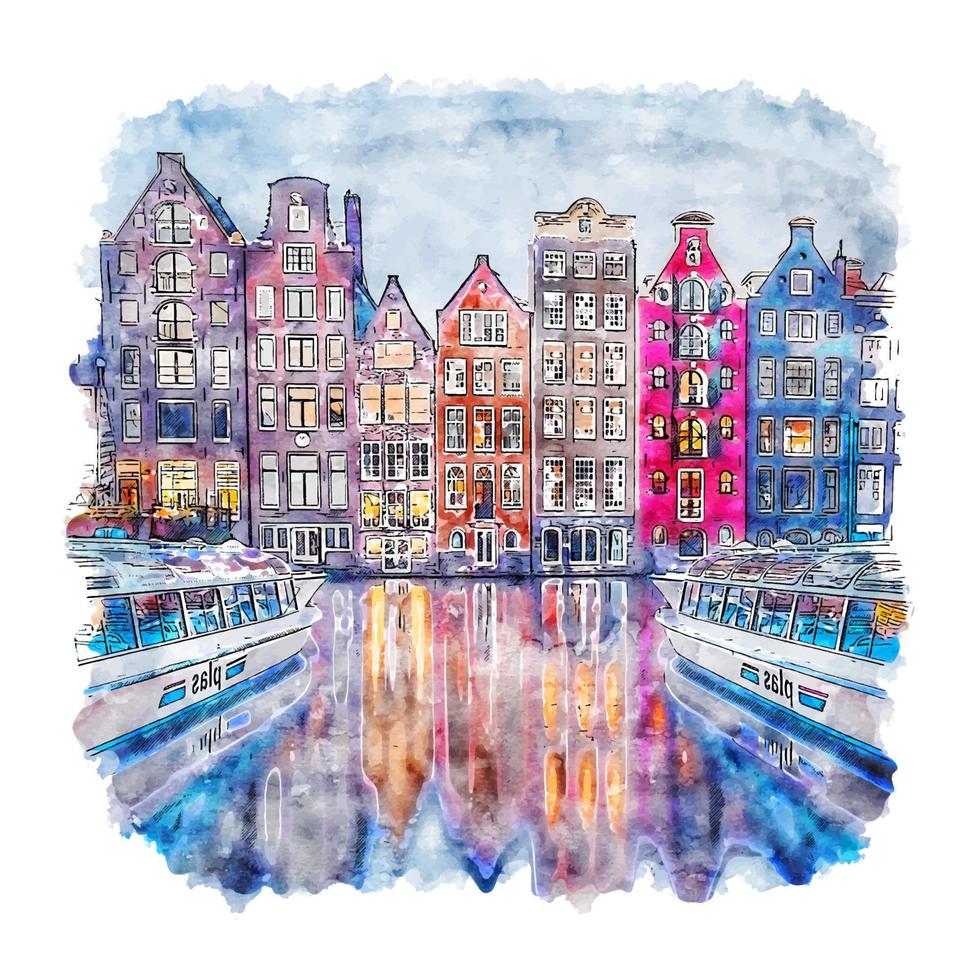 amsterdam pays-bas aquarelle croquis dessinés à la main illustration vecteur