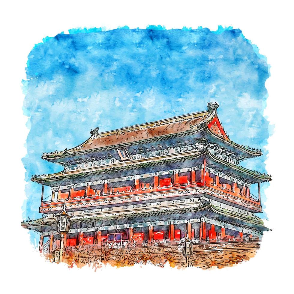 temple de beijing chine croquis aquarelle illustration dessinée à la main vecteur