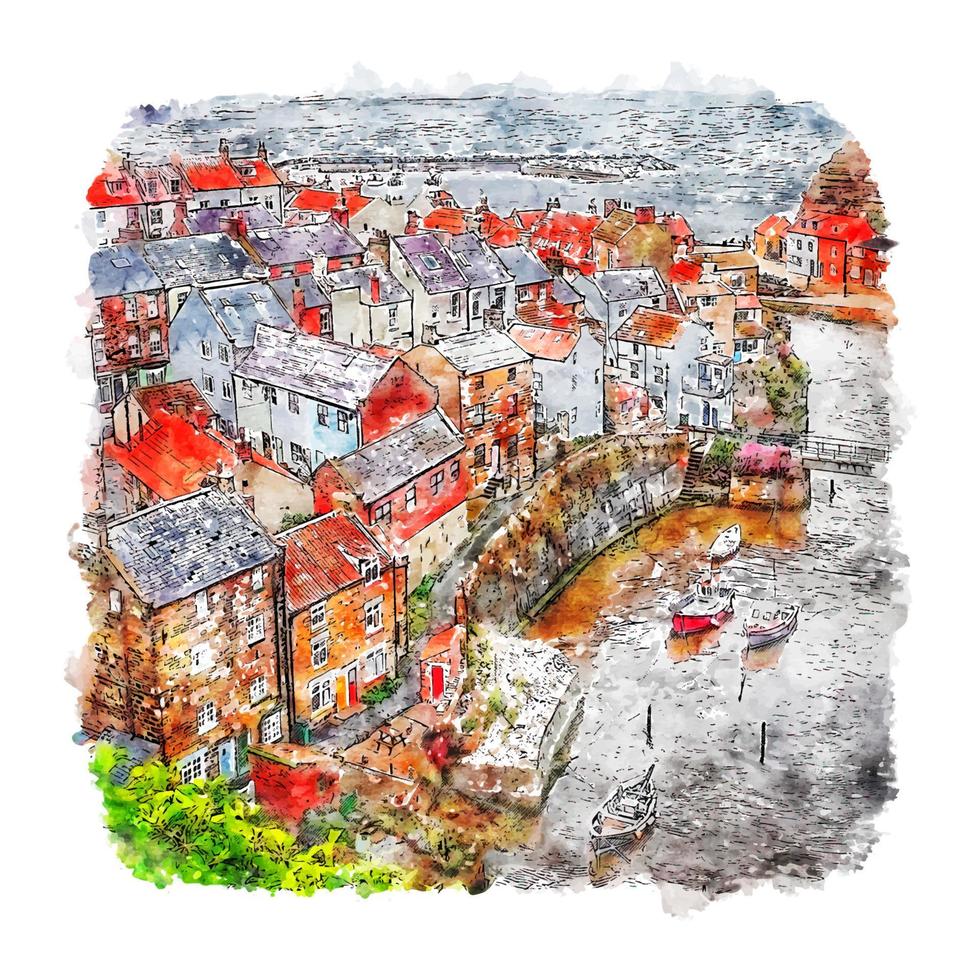 angleterre village aquarelle croquis illustration dessinée à la main vecteur