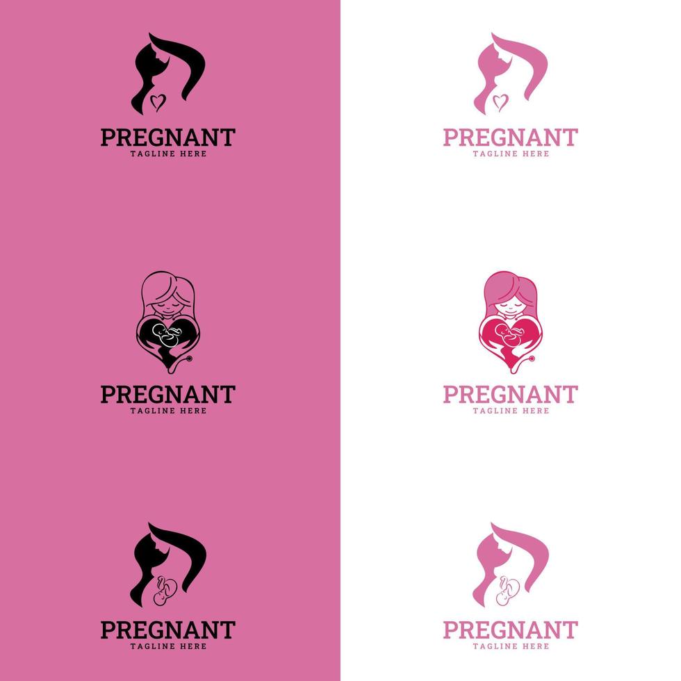 logos et collection de symboles pour les soins de la famille et du bébé. femme enceinte heureuse vecteur