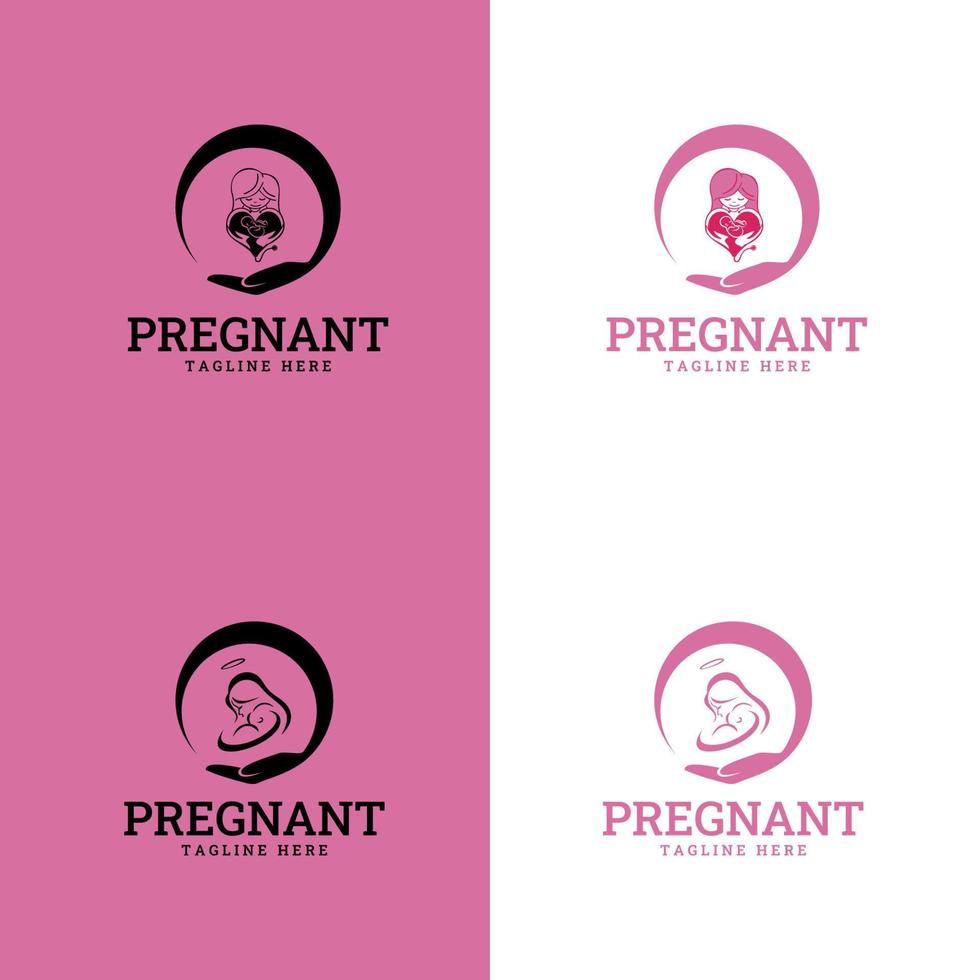 logos et collection de symboles pour les soins de la famille et du bébé. femme enceinte heureuse vecteur