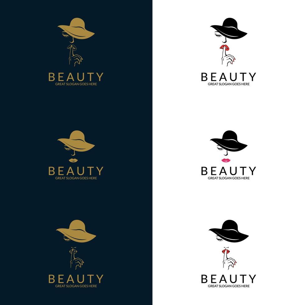 logo mode et beauté. femme aux lèvres roses au chapeau fashion. concept pour salon de beauté, accessoires, mode, cosmétiques. vecteur