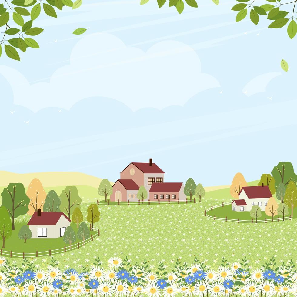 champ de printemps avec maison de campagne et nuage sur ciel bleu, dessin animé mignon paysage rural herbe verte avec abeille collectant du pollen sur des fleurs en été ensoleillé, bannière de fond de vecteur pour le printemps