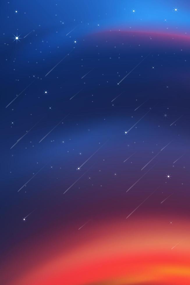 ciel nocturne avec étoiles brillantes et chute de comète, paysage ciel dramatique de couleur bleu foncé, belle vue panoramique sur le ciel crépusculaire et crépusculaire, illustration vectorielle verticale fond naturel, ciel romantique vecteur