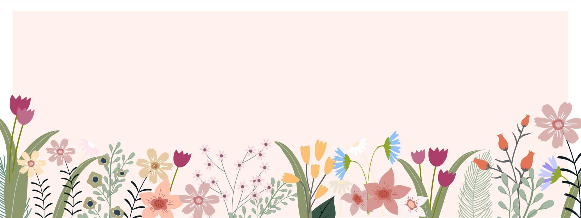bannière de printemps avec des fleurs et des feuilles multicolores sur la bordure sur fond de pêche, toile de fond horizontale vectorielle d'un joli cadre de flore en fleurs, belle botanique pour la fête des mères ou la carte de vacances d'été vecteur
