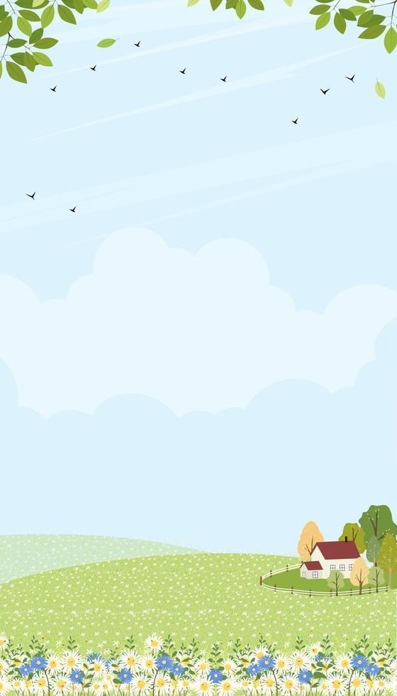 champ de printemps avec maison de campagne et nuage sur ciel bleu, dessin animé mignon paysage rural herbe verte avec abeille volant sur des fleurs en été ensoleillé, bannière de fond verticale vectorielle pour écran web ou mobile vecteur