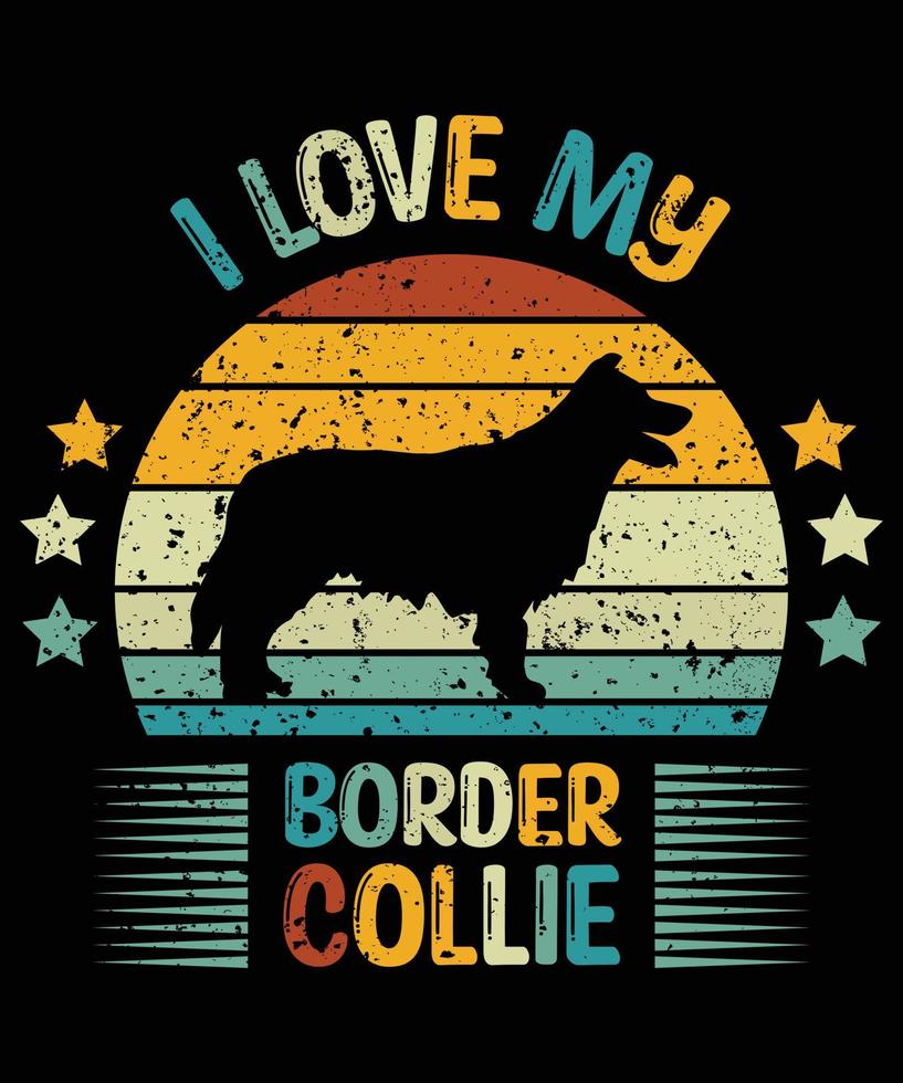 drôle border collie vintage rétro coucher de soleil silhouette cadeaux amoureux des chiens propriétaire de chien essentiel t-shirt vecteur