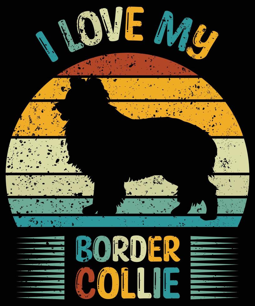 drôle border collie vintage rétro coucher de soleil silhouette cadeaux amoureux des chiens propriétaire de chien essentiel t-shirt vecteur