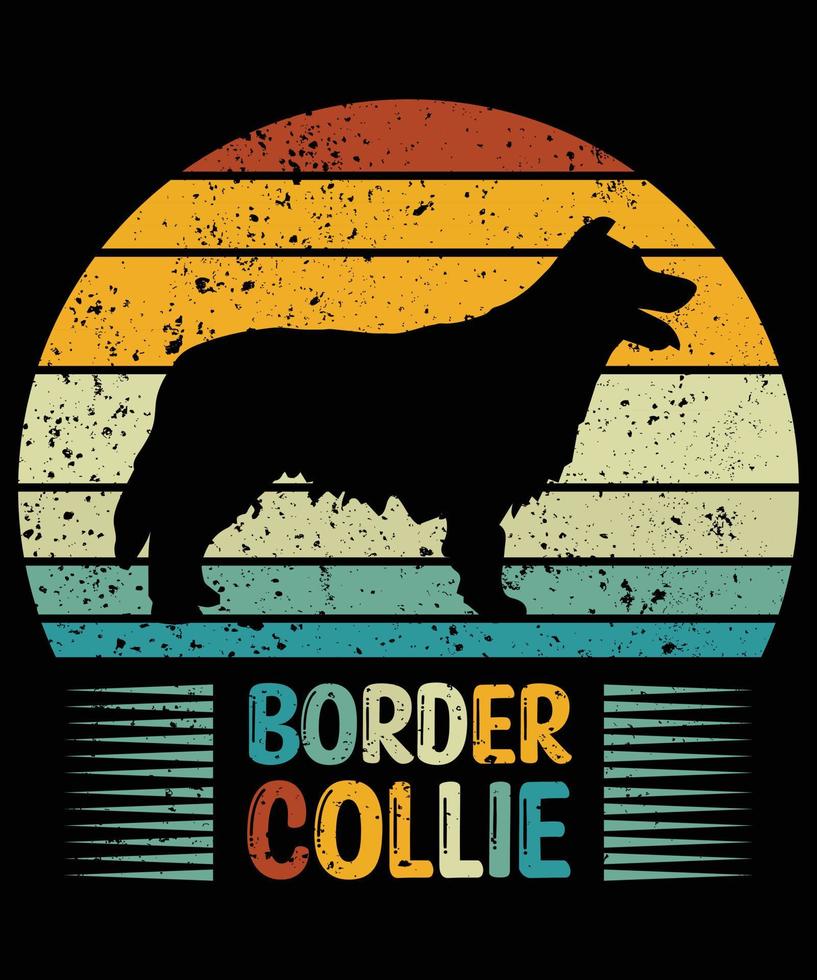 drôle border collie vintage rétro coucher de soleil silhouette cadeaux amoureux des chiens propriétaire de chien essentiel t-shirt vecteur