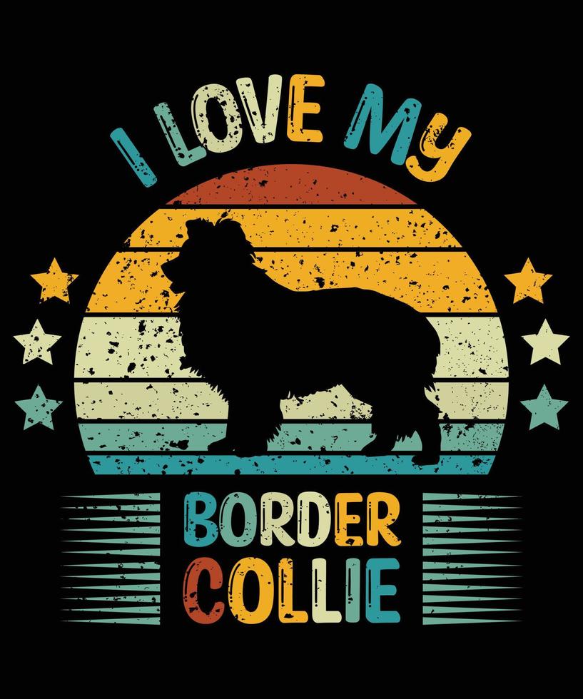 drôle border collie vintage rétro coucher de soleil silhouette cadeaux amoureux des chiens propriétaire de chien essentiel t-shirt vecteur