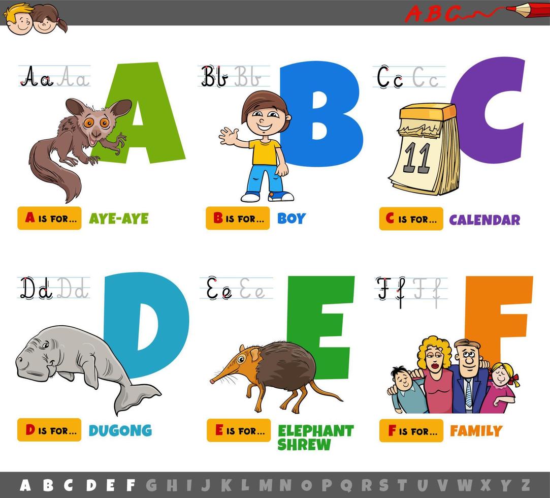 lettres de l'alphabet de dessin animé éducatif pour les enfants de a à f vecteur