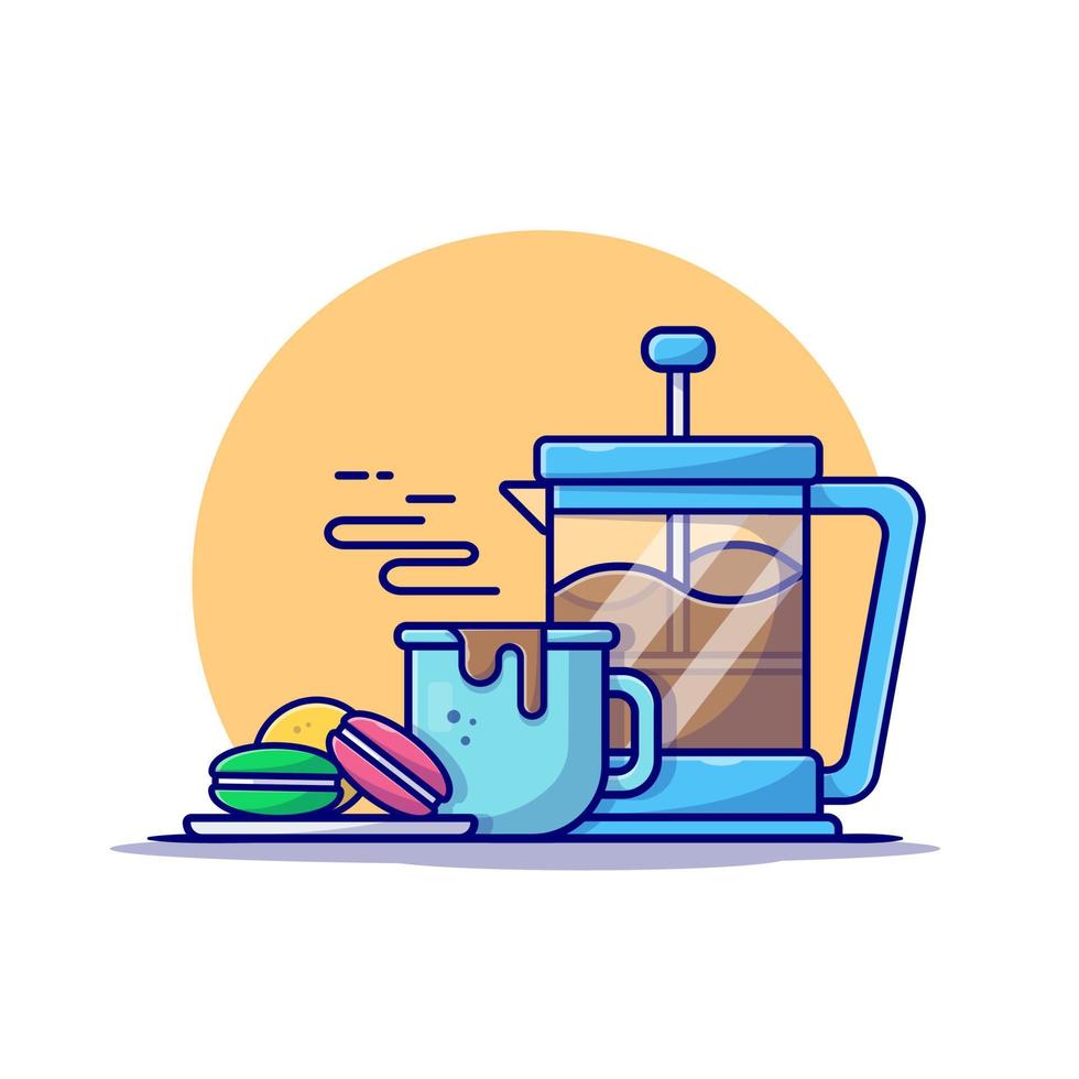 café chaud avec illustration d'icône de vecteur de dessin animé théière et macaron. concept d'icône de nourriture et de boisson isolé vecteur premium. style de dessin animé plat