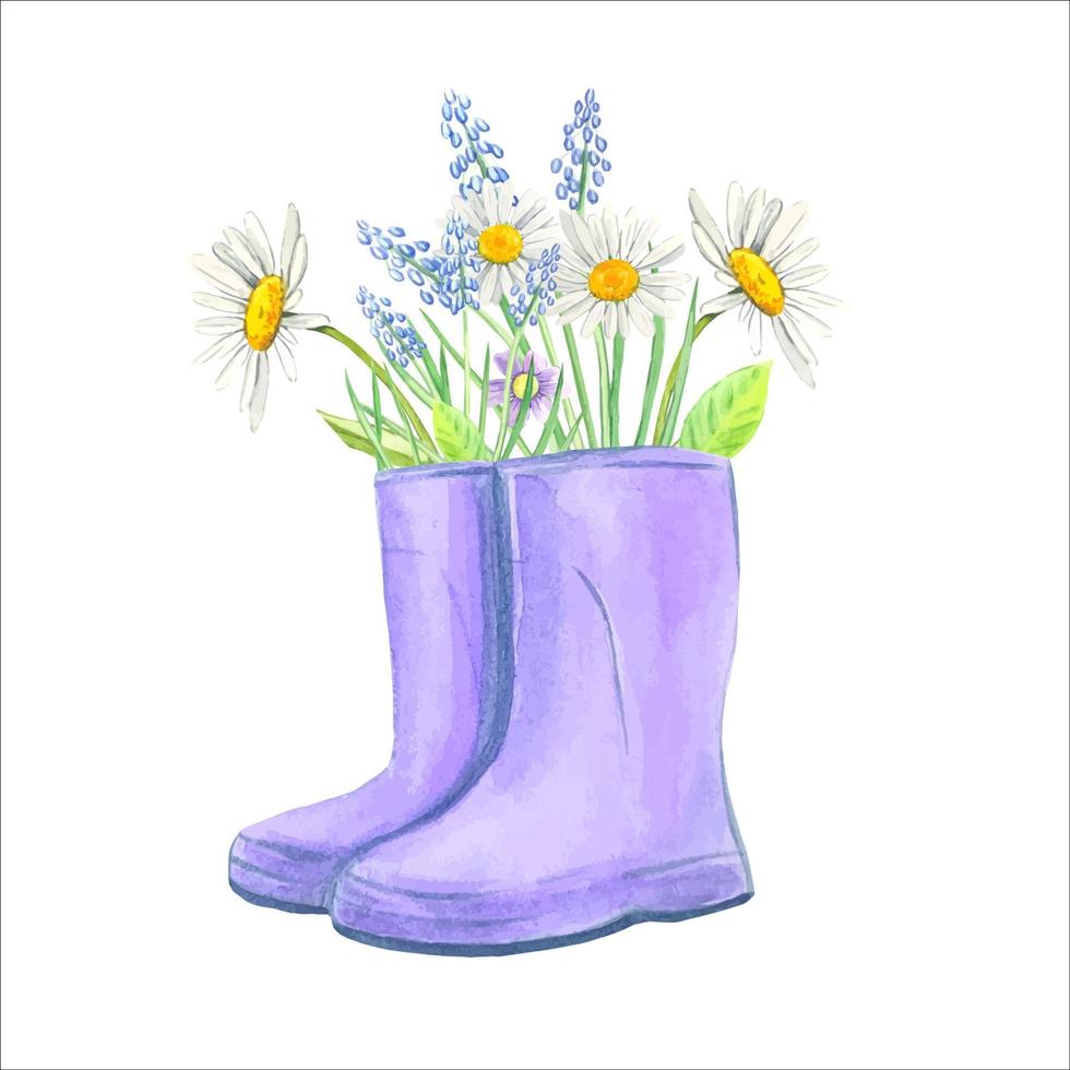 bottes en caoutchouc violet avec des fleurs . carte postale de printemps. illustration vectorielle aquarelle. vecteur