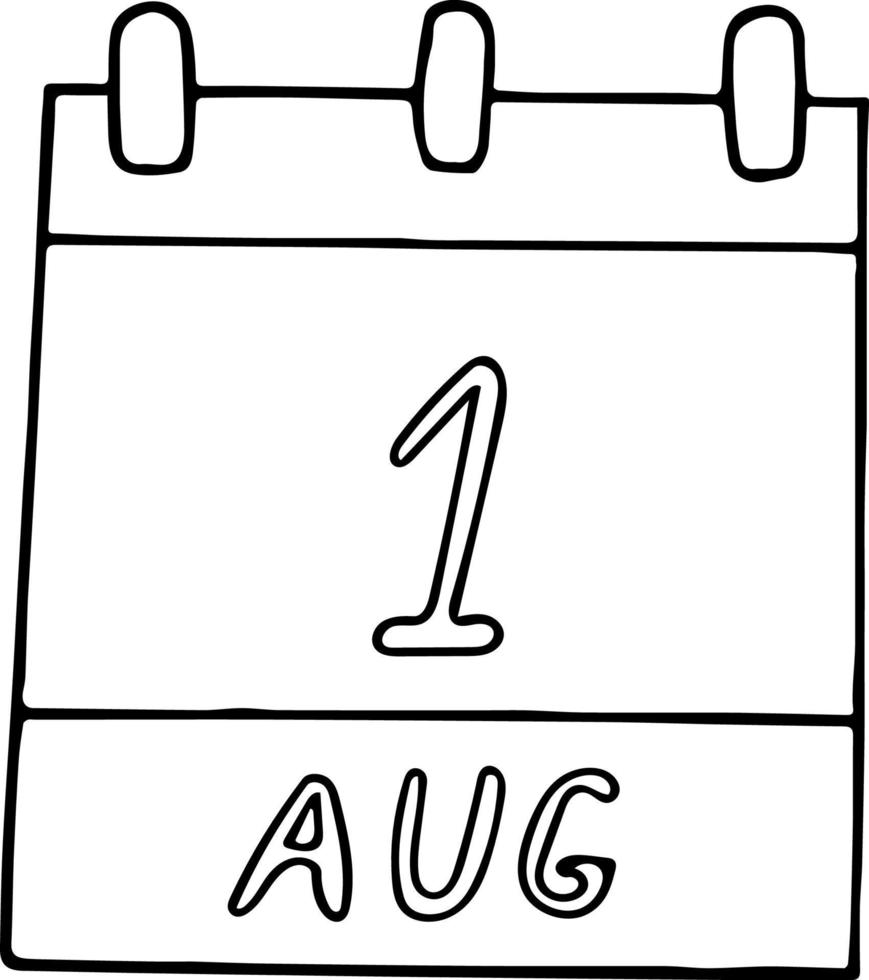 calendrier dessiné à la main dans un style doodle. 1er août. semaine mondiale de l'allaitement, jour, date. icône, élément autocollant pour la conception. planification, vacances d'affaires vecteur