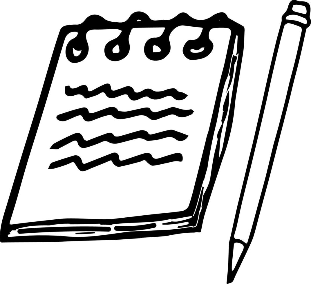 bloc-notes sur des anneaux en spirale avec un crayon et des notes dessinées à la main dans un style doodle. monochrome simple scandinave. élément unique, icône, autocollant. papeterie vecteur
