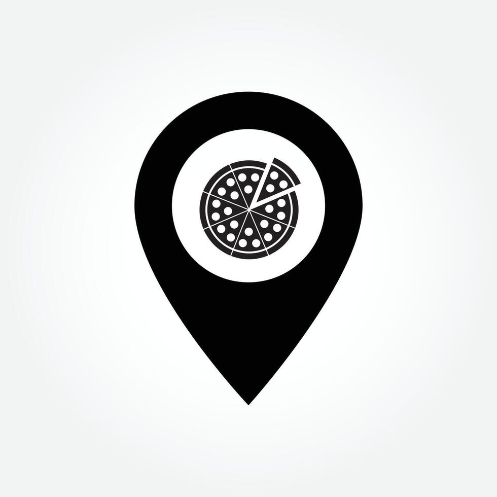 modèle de conception de vecteur de concept de géolocalisation de pizza. pizza location plat design clipart noir et blanc. pointeur de carte avec icône de pizza de tranche de restauration rapide isolé sur fond blanc. icône d'emplacement de pizzeria.