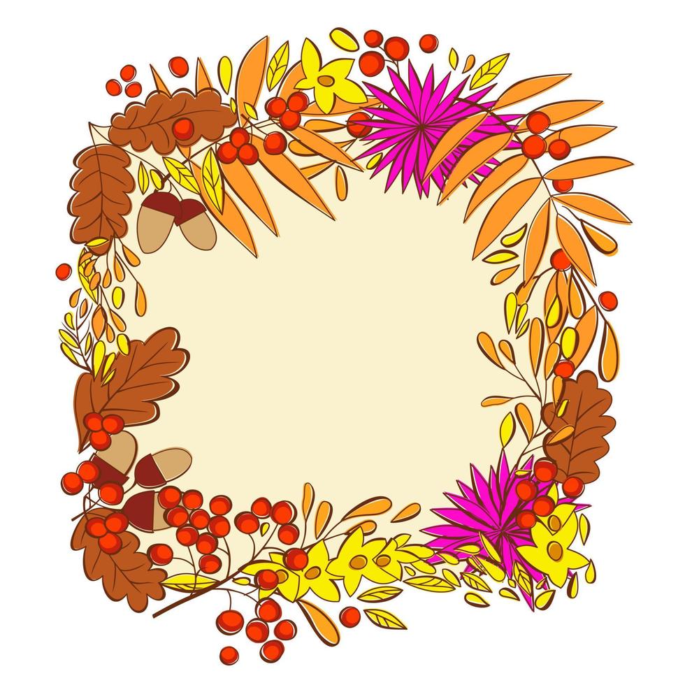 cadre isolé de vecteur avec des feuilles, des fleurs et des baies.
