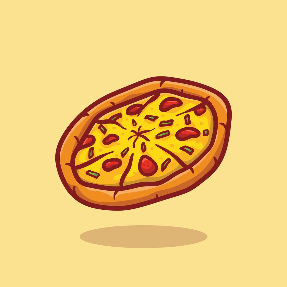 illustration graphique vectoriel d'une pizza mignonne avec dessin à la main de style dessin animé bon pour le restaurant, le t-shirt, l'impression, l'autocollant, le café, le logo, l'emblème, la promotion, etc.
