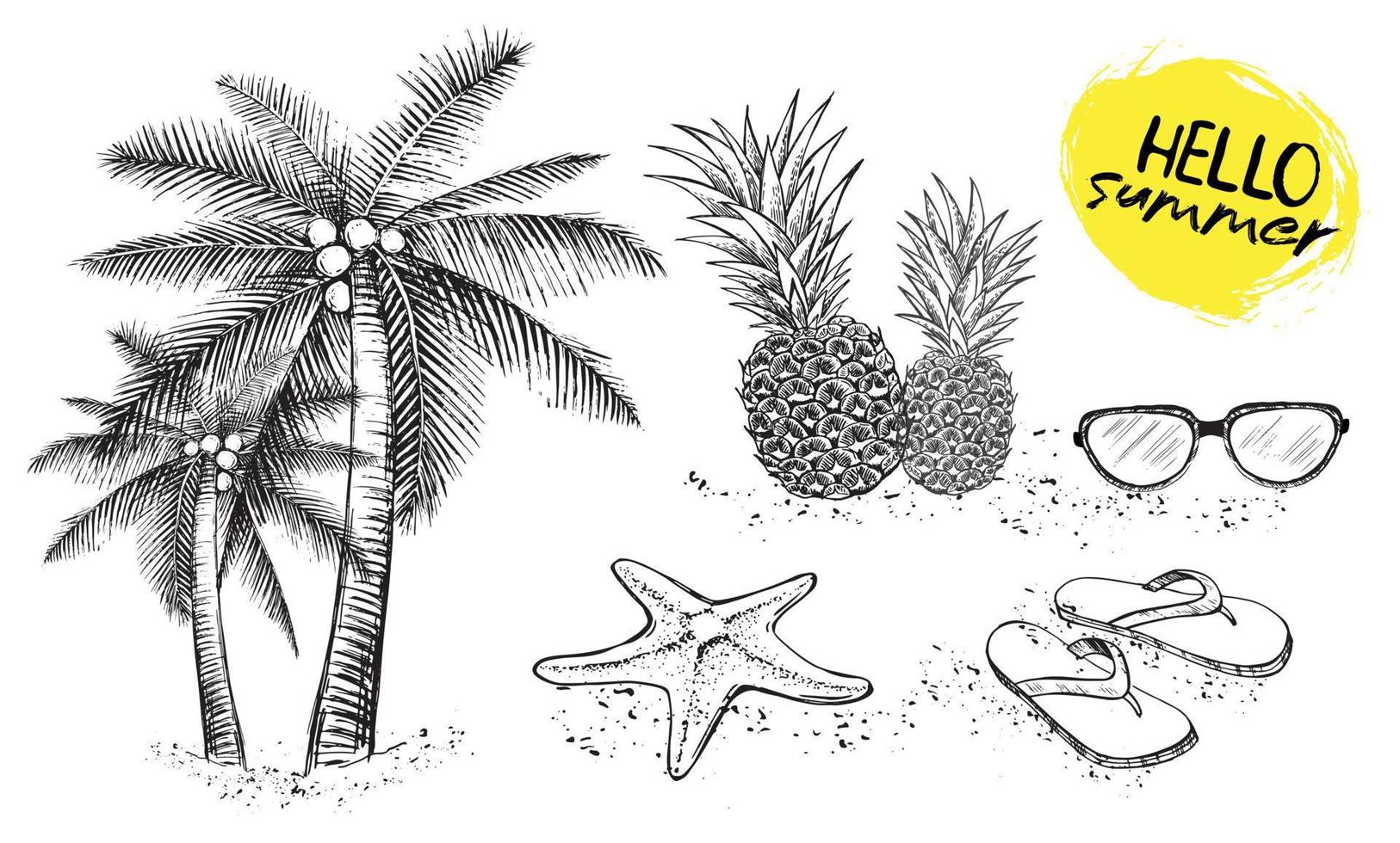 bonjour l'été, palmier, verres, ananas. illustration dessinée à la main. vecteur