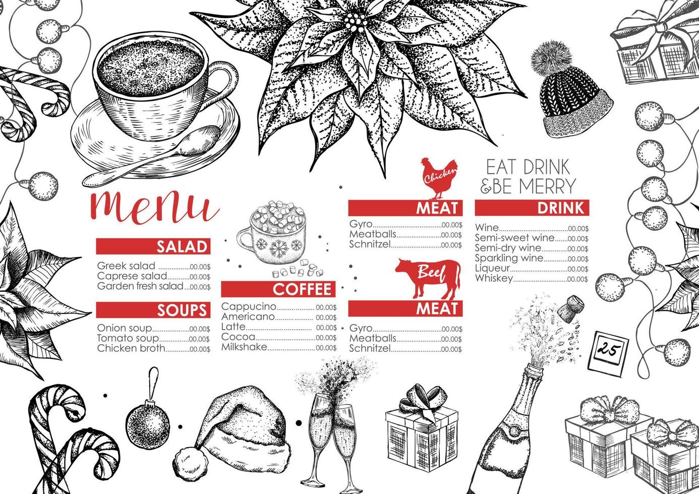 menus de noël. modèle de conception. illustration vectorielle dessinée à la main. vecteur