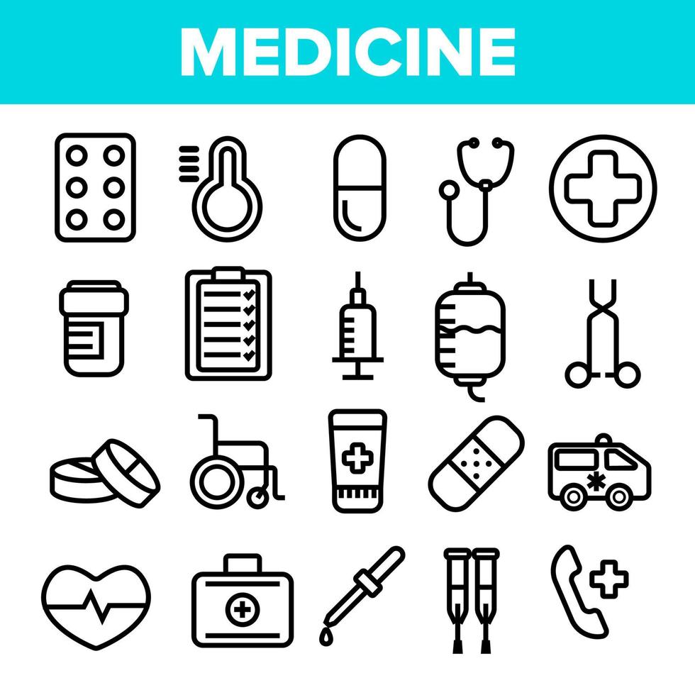 vecteur de jeu d'icônes de ligne de médecine. symbole d'urgence de la pharmacie. médicament médicamenteux. clinique, icône de l'hôpital. illustration de contour mince