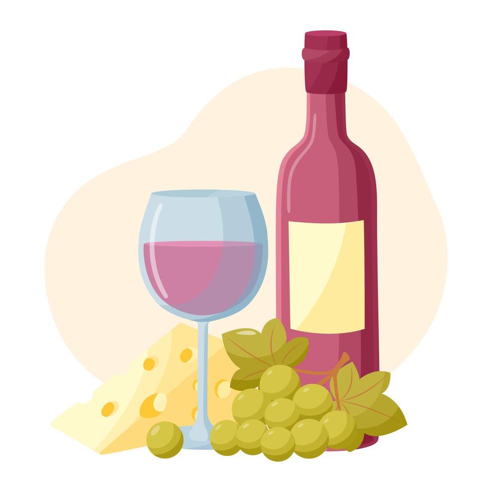 bouteille et verre de vin avec raisins verts et fromage. vecteur