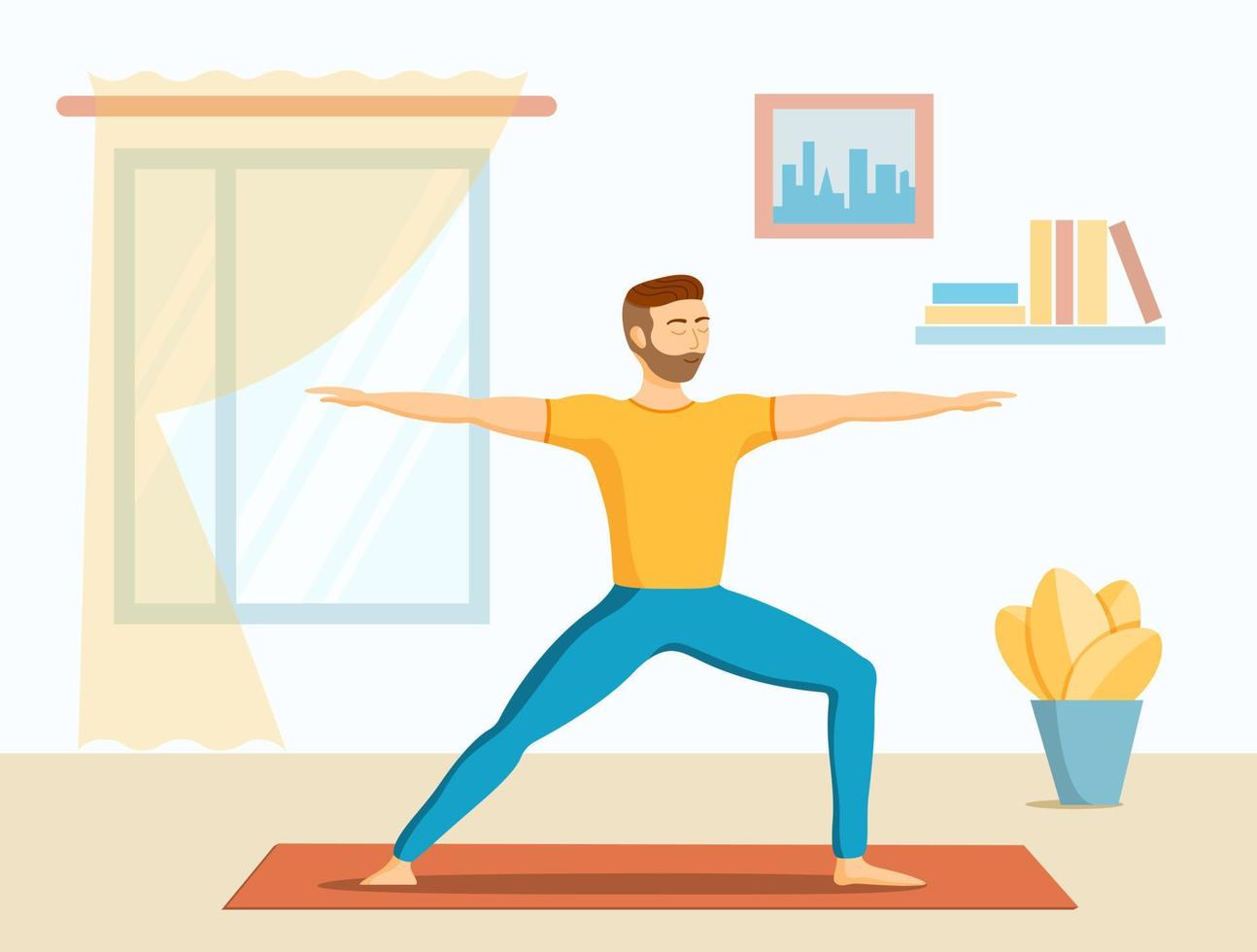 fitness et sport à domicile. gars faisant des exercices de yoga sur des tapis à la maison. concept de rester à la maison. illustration vectorielle plane. vecteur