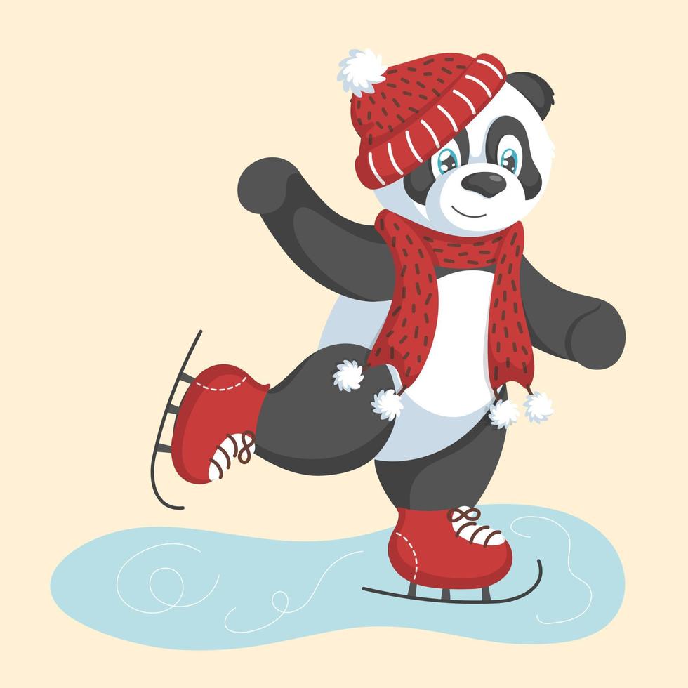 un joli panda d'hiver dans un bonnet rouge et une écharpe patine sur un lac gelé. style dessiné à la main. illustration vectorielle. vecteur