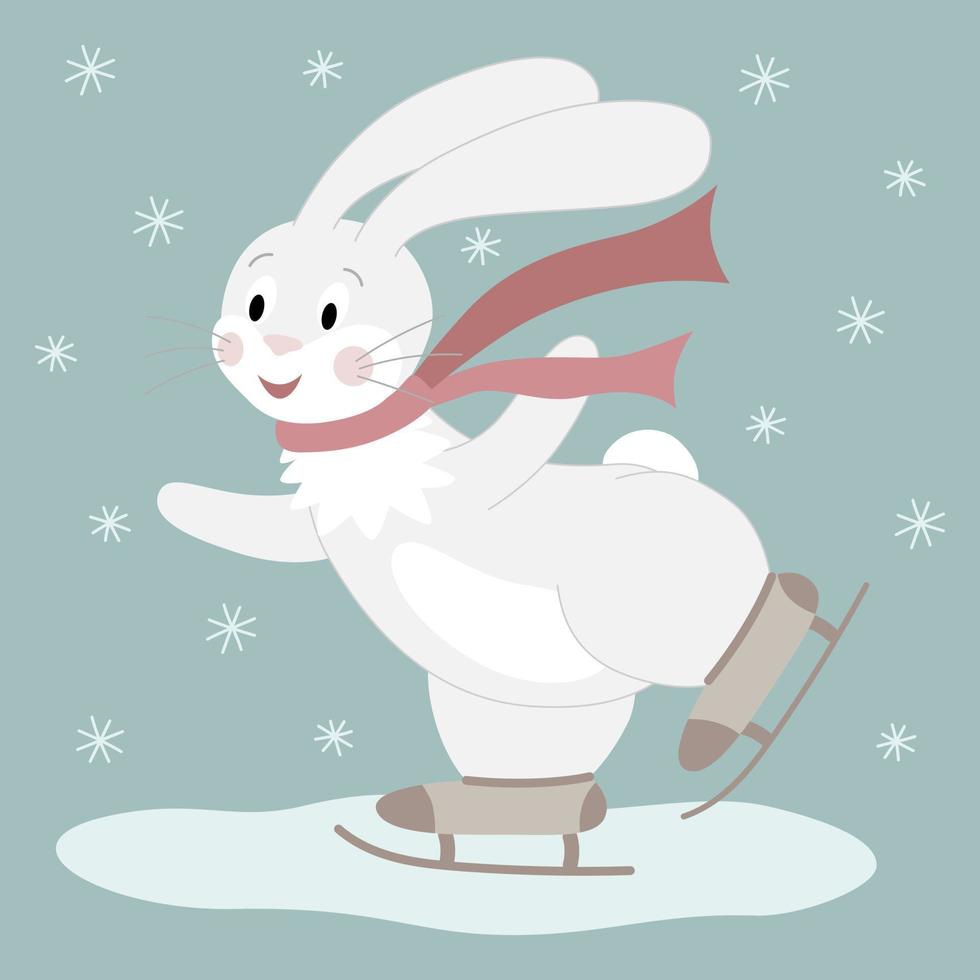 mignon lapin blanc avec une écharpe rouge sur patins. personnage de dessin animé sur un fond de nouvel an. illustration vectorielle. vecteur