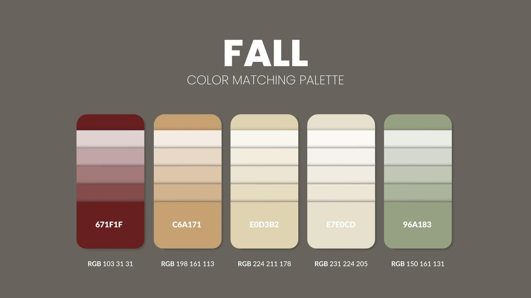 Les palettes de couleurs ou les schémas de couleurs du thème de l'automne sont des combinaisons de tendances et des guides de palettes cette année, un tableau de nuances de couleurs en rgb ou hexadécimal. un échantillon de couleur pour une mode printanière, une maison ou un design d'intérieur vecteur