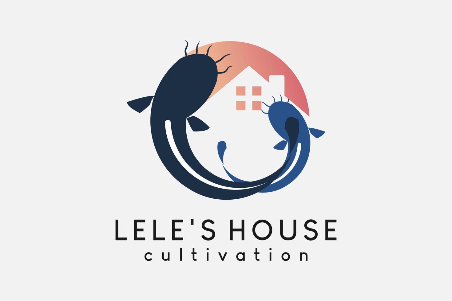 création de logo de pisciculteur d'eau douce, éleveur ou élevage de poisson-chat. silhouette d'un poisson-chat combiné à une icône de maison dans un concept créatif vecteur